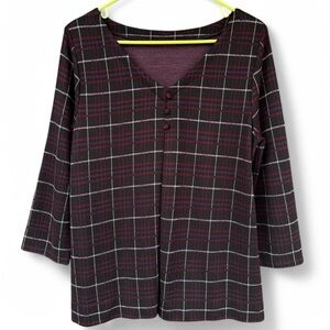 J. Jill Ponte Bordeaux Plaid Blouse Size Medium 3/4 Sleeve V Back Button Office